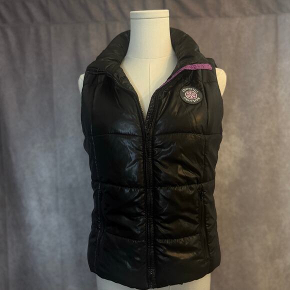 Aeropostale Women’s Medium Black Puffer Vest Purple  Pink Blue Leopard Lining - Picture 3 of 15